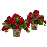 Nearly Natural 6832-S2 11" Artificial Green & Red Geranium Flowering Silk Plant with Floral Planter, Set of 2