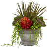 Nearly Natural 8971 13" Artificial Green & Red Mixed Succulent Plant in Vintage Metal Bowl