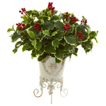 Nearly Natural 8530 19" Artificial Green Real Touch Variegated Holly Plant in Metal Planter