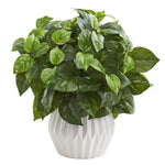 Nearly Natural 6466 16" Artificial Green Pothos Plant in White Ceramic Vase
