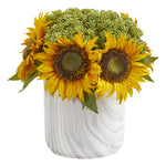 Nearly Natural 1828 12" Artificial Yellow Sunflower Arrangement in Marble Finished Vase