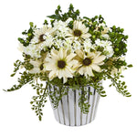 Nearly Natural 10`` Mixed Daisy Artificial Arrangement in White Vase Silver Trimming