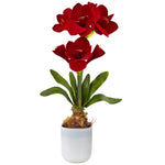 Nearly Natural 4878 30" Artificial Green & Red Silk Amaryllis Floral Arrangement in Ceramic Vase