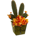 Nearly Natural A1176 16" Artificial Green & Orange Cymbidium Orchid & Cactus Arrangement in Green Vase
