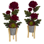 Nearly Natural A1313-S2 20" Artificial Maroon Mum & Succulent Arrangement in Tin Planter with Legs, Set of 2
