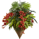 Nearly Natural 6850 36" Artificial Green & Red Mixed Tropical & Cymbidum in Hanging Basket