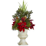 Nearly Natural 28`` Poinsettia, Grass and Succulent Artificial Arrangement in White Urn