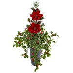 Nearly Natural 1967 3.5' Artificial Green & Red Magnolia, Pine & Variegated Holly Leaf Arrangement
