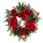 Nearly Natural 4811 24" Artificial Green & Red Amaryllis Wreath