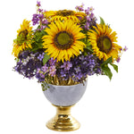 Nearly Natural A1024 16" Artificial Sunflower & Lilac Arrangement in Stoneware Urn with Gold Trimming, Multicolor