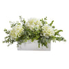 Nearly Natural A1381 15" Artificial Green & White Hydrangea & Eucalyptus Arrangement in White Vase