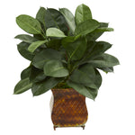 Nearly Natural 9243 28" Artificial Green Rubber Plant in Brown Metal Planter