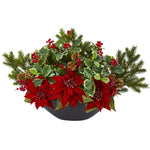 Nearly Natural A1068 17" Artificial Green & Red Poinsettia, Holly, Berry & Pine Arrangement