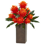 Nearly Natural 8497 22" Artificial Red Bromeliad Plant in Weathered Brown Planter