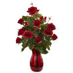 Nearly Natural Garden Rose Artificial Arrangement in Red Vase