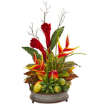 Nearly Natural A1173 28" Artificial Green & Red Mixed Tropical Arrangement in Metal Tray with Copper Trimming