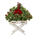 Nearly Natural A1102 26" Artificial Green & Red Poinsettia & Holly Berry Arrangement in Drawer Planter