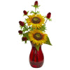 Nearly Natural 1797 Sunflower & Thistle Artificial Arrangement in Red Vase