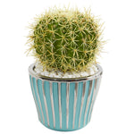 Nearly Natural 8722 12" Artificial Green Cactus Plant in Turquoise Vase with Silver Trimming