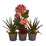 Nearly Natural A1314 16" Artificial Mum & Succulent Arrangement in Trio Metal Planter, Multicolor