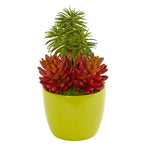 Nearly Natural 8489 13" Artificial Green & Red Succulent Plant in Green Vase