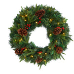 Nearly Natural 24`` Mixed Pine Artificial Christmas Wreath with 35 Clear LED Lights and Berries