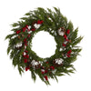 Nearly Natural 28`` Frosted Cypress with Berries and Pine Cones Artificial Wreath