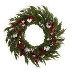 Nearly Natural 28`` Frosted Cypress with Berries and Pine Cones Artificial Wreath