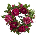 Nearly Natural 4538 20" Artificial Pink & Burgundy Peony & Berry Wreath