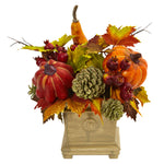 Nearly Natural 4162 11" Artificial Pumpkin, Gourd, Berry & Maple Leaf Arrangement in Decorative Vase, Multicolor