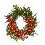 Nearly Natural 24`` Mixed Fern and Cymbidium Orchid Artificial Wreath