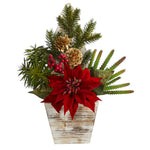 Nearly Natural 15`` Poinsettia, Cactus and Succulent Artificial Arrangement in Christmas Tree Planter