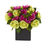 Nearly Natural A1239 10" Artificial Green & Pink Rose & Azalea Arrangement in Black Vase
