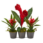 Nearly Natural A1194 16" Artificial Green & Red Tropical Trio Arrangement in Metal Vase