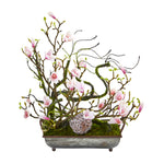 Nearly Natural 1904 26" Artificial Pink Magnolia, Twig & Vine Arrangement in Decorative Tray