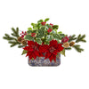 Nearly Natural 1918 15" Artificial Green & Red Poinsettia, Berry & Holly Arrangement in Vase
