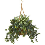Nearly Natural 8420 30" Artificial Green Silver Queen & Ivy Plant in Hanging Basket