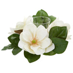 Nearly Natural 4346 13" Artificial Green & White Magnolia Candelabrum Arrangement
