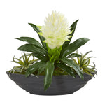 Nearly Natural 8681 16" Artificial Green & White Bromeliad & Succulent Plant in Decorative Planter