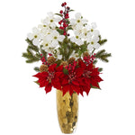 Nearly Natural 1991 27" Artificial White & Red Poinsettia, Dogwood, Holly Berry & Pine Arrangement in Gold Vase
