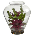 Nearly Natural 8456 11" Artificial Green & Purple Mixed Succulent Plant in Glass Vase