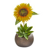 Nearly Natural A1254 13" Artificial Green & Yellow Sunflower & Agave Arrangement in Stone Vase