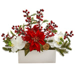 Nearly Natural 1976 17" Artificial White & Red Phalaenopsis Orchid, Poinsettia & Holly Berry Arrangement in White Planter