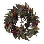 Nearly Natural 4901 24" Artificial Green Pinecone, Berry & Feather Wreath