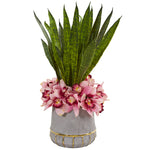 Nearly Natural 1961 25" Artificial Green & Pink Cymbidium Orchid & Sansevieria Arrangement in Vase