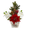 Nearly Natural 15`` Poinsettia and Orchid Artificial Arrangement in Christmas Tree Vase