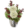 Nearly Natural A1086 19" Artificial White & Red Hydrangea & Holly Berry Arrangement in Silver Bowl