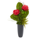 Nearly Natural 8731 44" Artificial Green & Pink Musella, Succulent & Grass Plant in Gray Planter