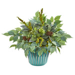 Nearly Natural 8732 15" Artificial Green Mixed Fittonia & Ficus Plant in Turquoise Vase