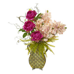 Nearly Natural A1021 29" Artificial Cream & Pink Cymbidium Orchid, Peony & Grass Arrangement